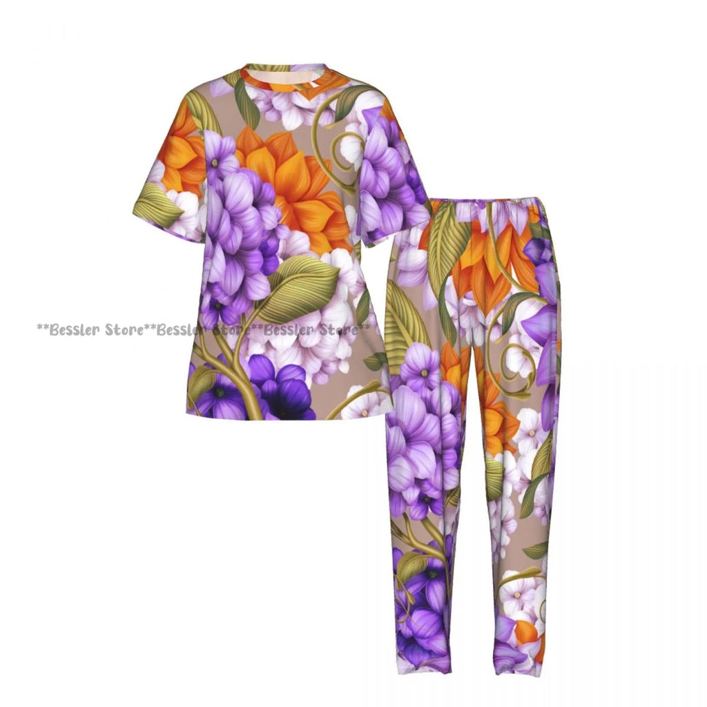 Women's 2-piece set Floral Pattern Pajamas Short sleeved Top and Pants Sleepwear