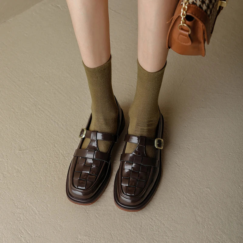 2022 New Spring Women Shoes Genuine Leather Shoes Women Fashion Retro Flats Square Toe Low Heel Women Loafers Brown Shoes