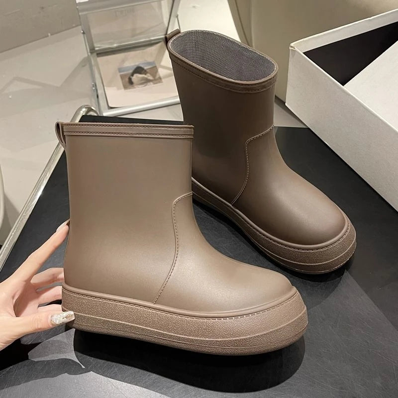 Heated Winter Mid-Calf Rain Boots, Insulated Cotton, Thick Sole, Non-Slip, Waterproof, Durable, Solid Color Women's Rain Shoes