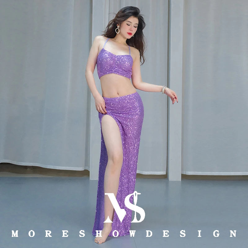 Belly Dance Costumes Set for Women Lotus Leaf Ribbon Dance Wear Top + SKirt Long Sleeve Outfits Stage Performance Clothings Suit