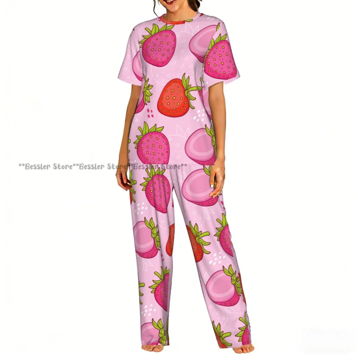 Women's Pink Strawberries short sleeve trousers casual pajamas set