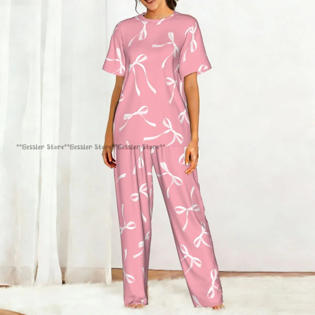 Women's Comfort Pajamas Women's Ribbon Bows Pattern Short Sleeve Set Sleepwear