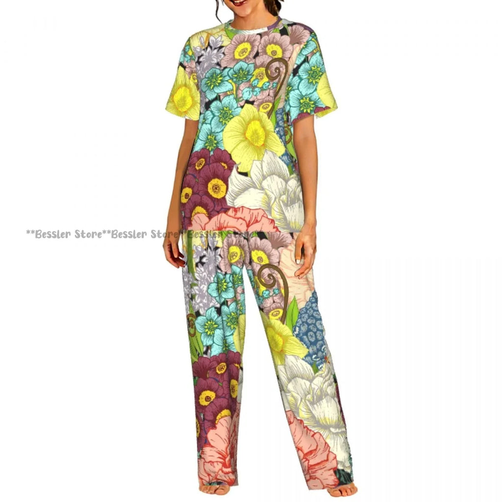 Women's 2-piece set Floral Pattern Pajamas Short sleeved Top and Pants Sleepwear