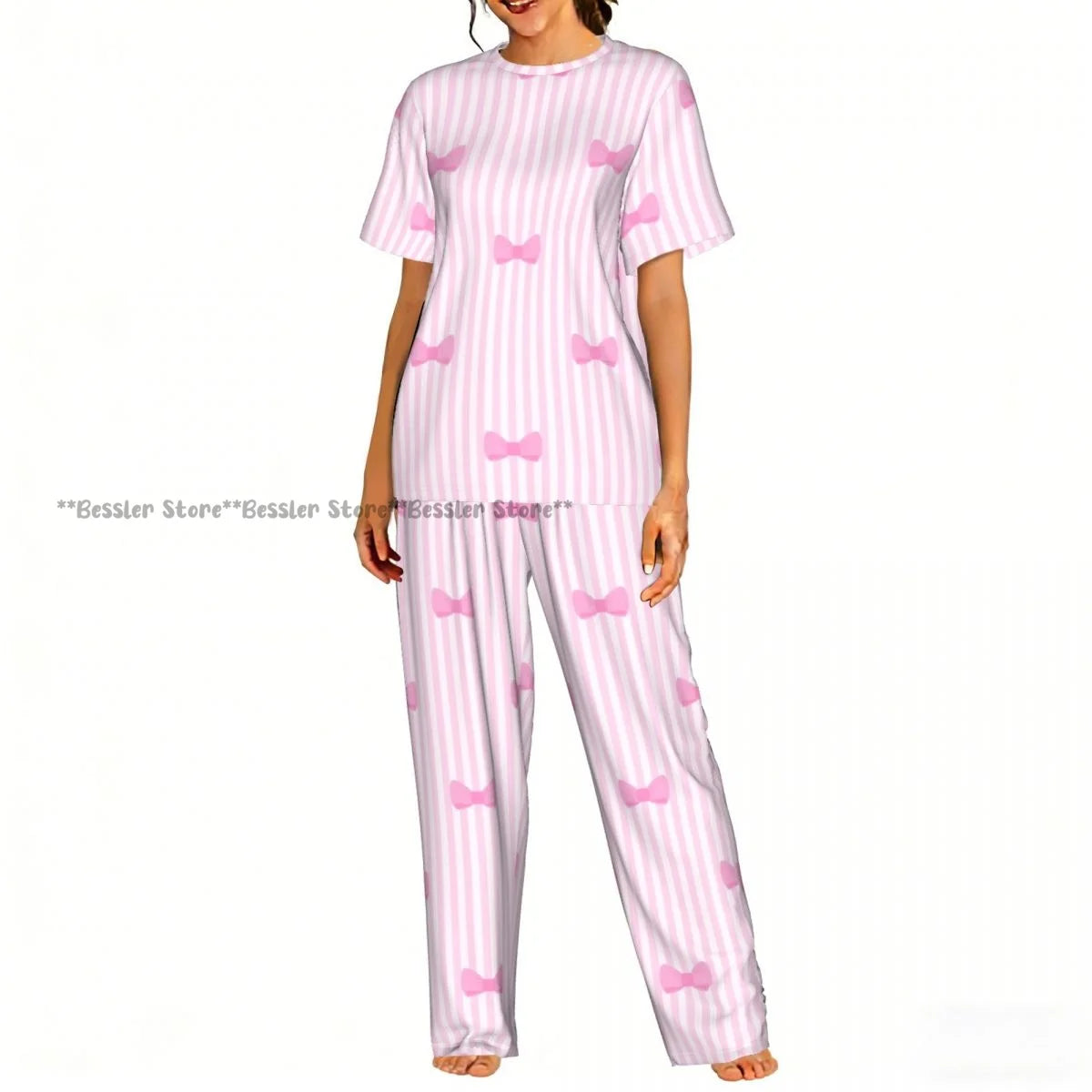 Women's Comfort Pajamas Women's Ribbon Bows Pattern Short Sleeve Set Sleepwear