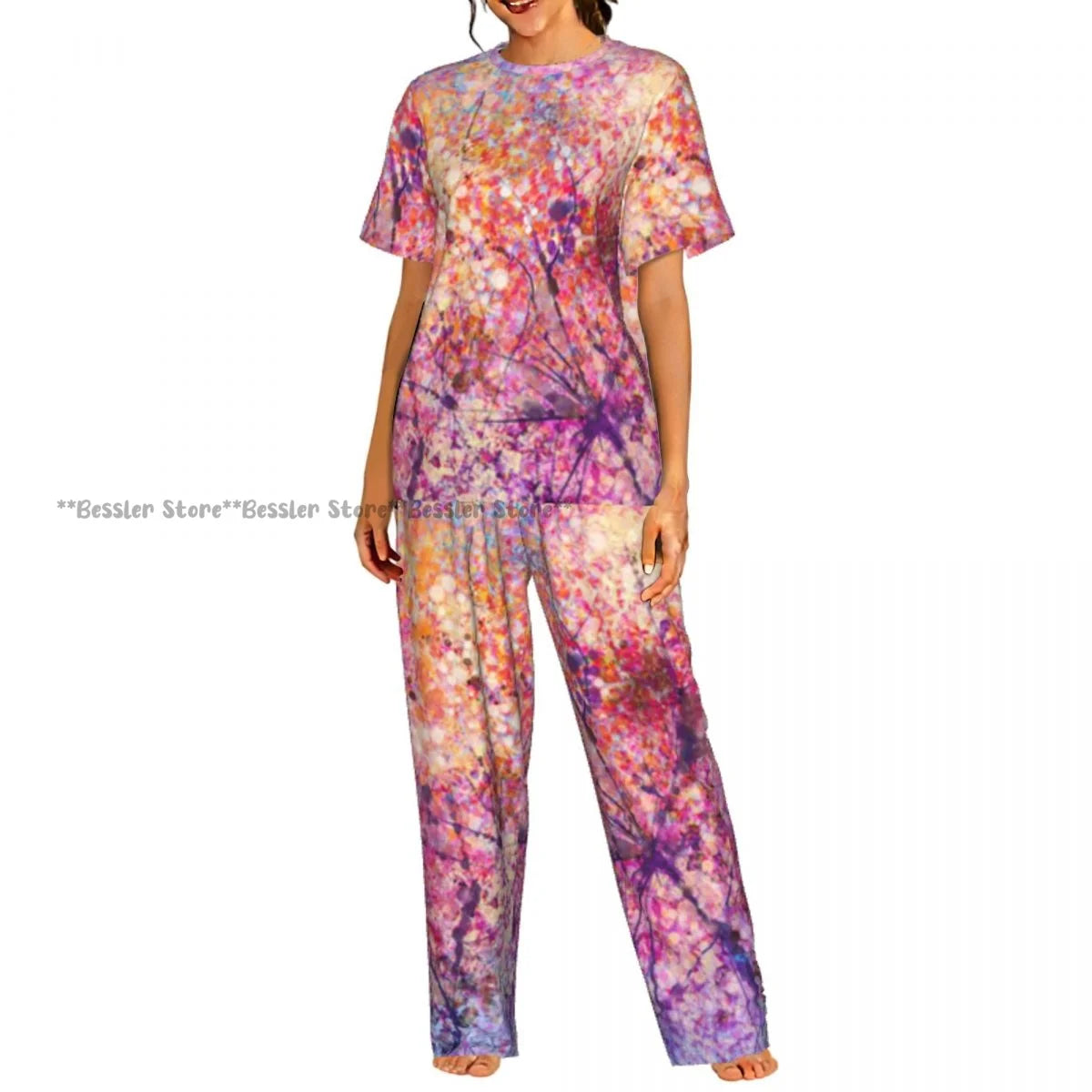 Women's Blossom Cherry Flower Background short sleeve trousers casual pajamas set