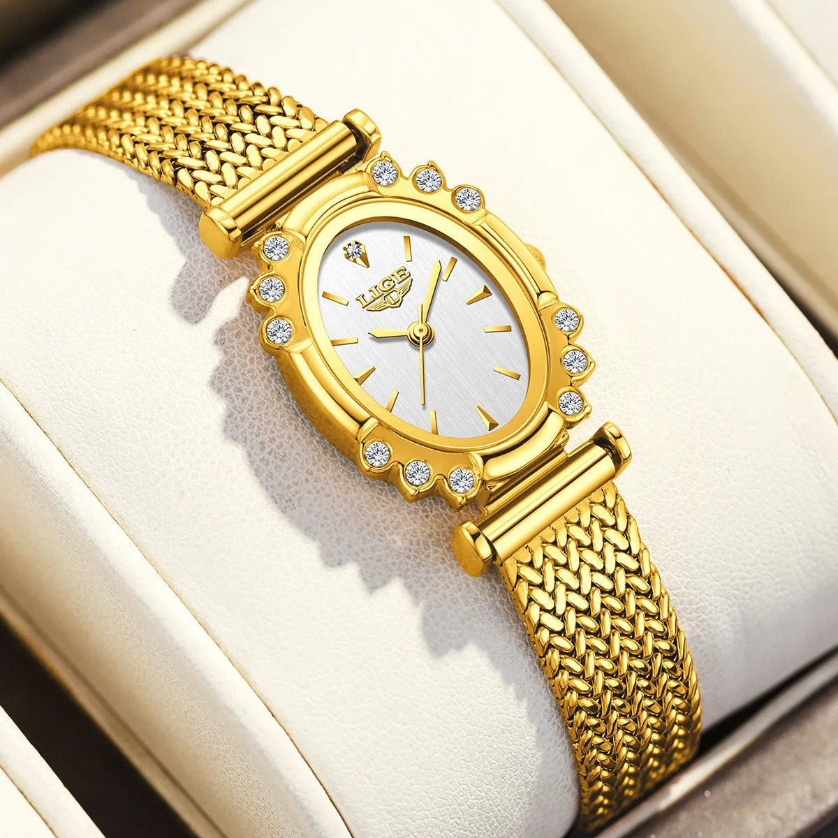 LIGE 2026 Luxury Women Watches Fashion Gold Black Rectangle Woman Quartz Watches Stainless Steel Band Wristwatches Reloj Mujer