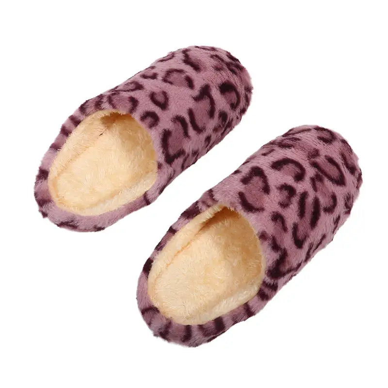 Women Men Leopard Print House Slippers Winter Warm Soft Fur Indoor Bedroom Non-Slip Floor Shoes for Couples Home Slides