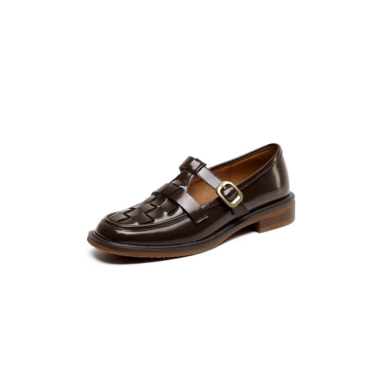 2022 New Spring Women Shoes Genuine Leather Shoes Women Fashion Retro Flats Square Toe Low Heel Women Loafers Brown Shoes