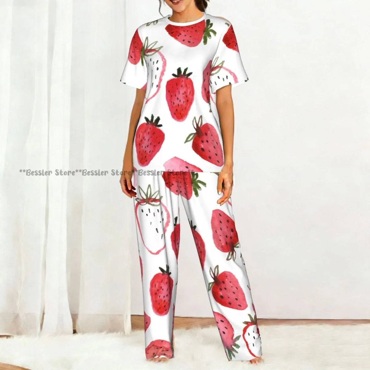 Women's 2-piece set Watercolor Strawberries Pajamas Short sleeved Top and Pants Sleepwear