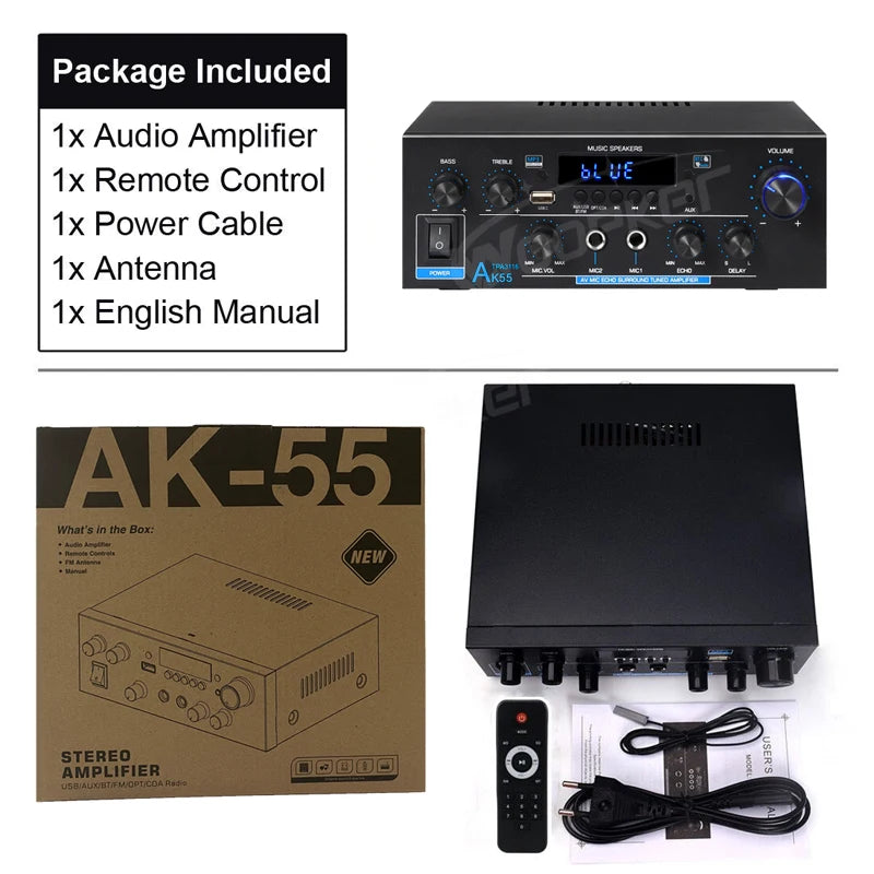 Woopker Audio Amplifier AK55 HiFi Stereo Channel2.0 RMS70W*2 Bluetooth 5.3 Support AUX/OPT/RCA Powered Subwoofer Power Amplifier
