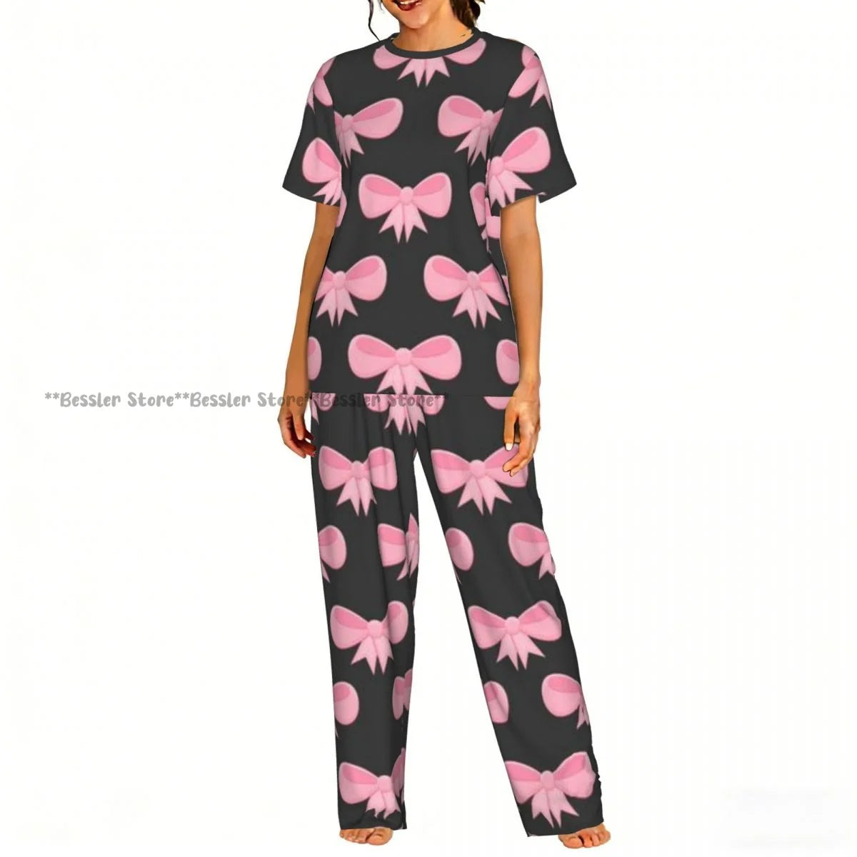 Women's Comfort Pajamas Women's Ribbon Bows Pattern Short Sleeve Set Sleepwear