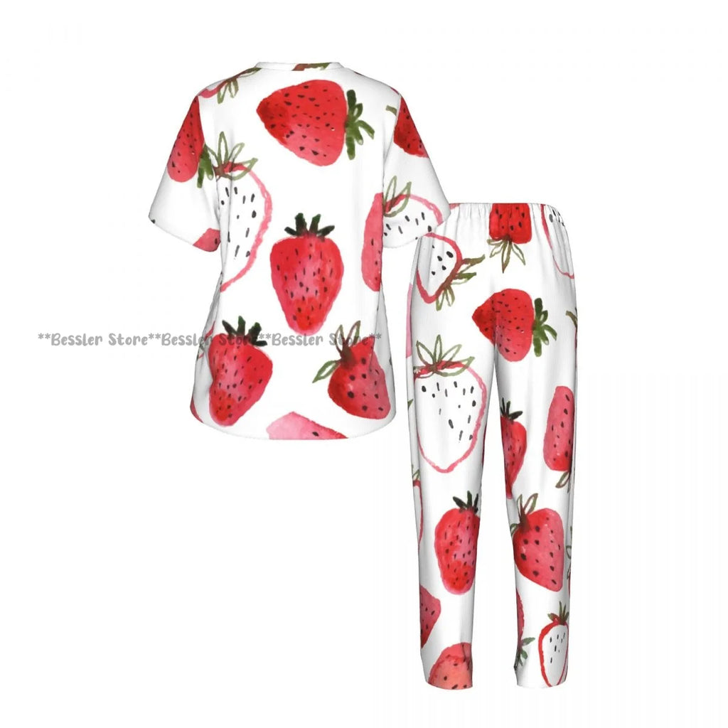 Women's 2-piece set Watercolor Strawberries Pajamas Short sleeved Top and Pants Sleepwear