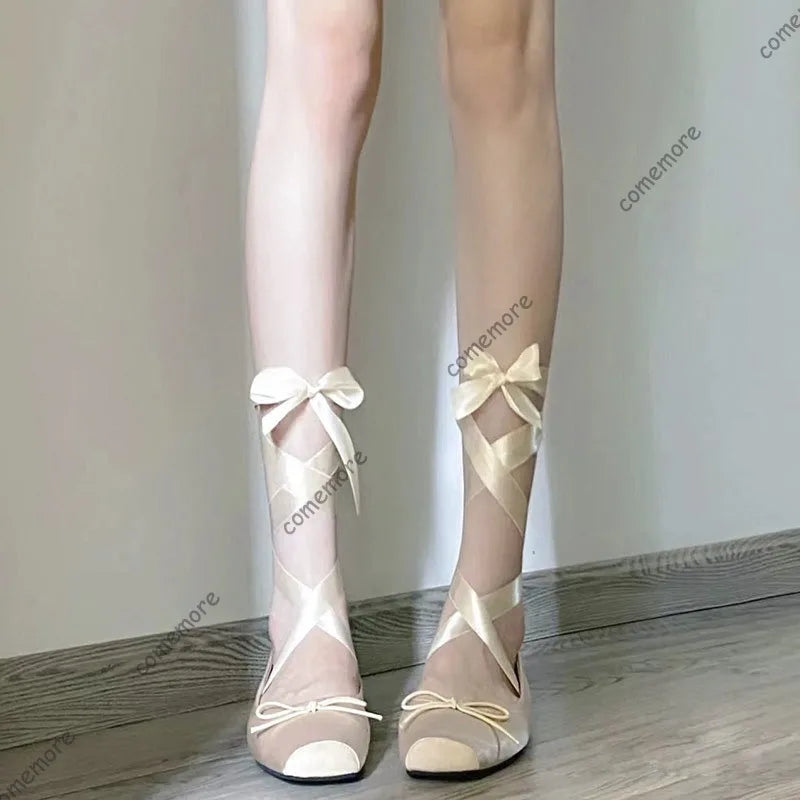 Women's Satin Ribbon Tie Ballet Flats Square Toe Ankle Wrap Lace-Up Shoes Lolita Shoes for Ladies Soft Sole Bow Fashion Footwear