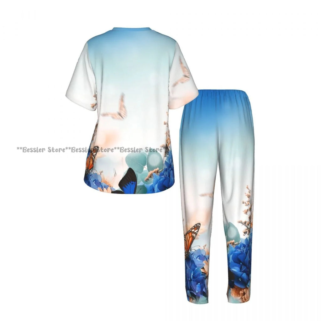 Women's Pajama Set Blue Hydrangeas And Daisies Floral Butterflies Short Sleeve Sleepwear 2 Piece Homewear Loungewear