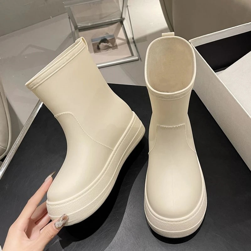 Heated Winter Mid Calf Rain Boots Insulated Cotton Thick Sole Nonslip Waterproof Durable Solid Color Women's Rain Shoes