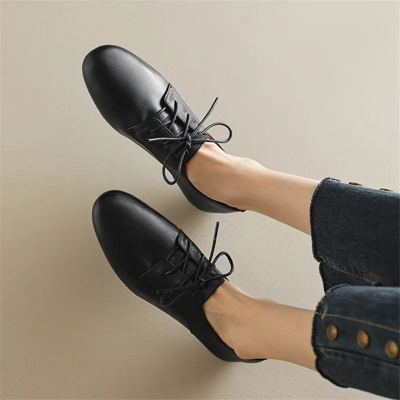 2023 Spring New Cow Leather Women Shoes Fashion Lace-Up Oxford Shoes Round Toe Soft Low Heel Shoes Woman Zapatos De Mujer Pumps