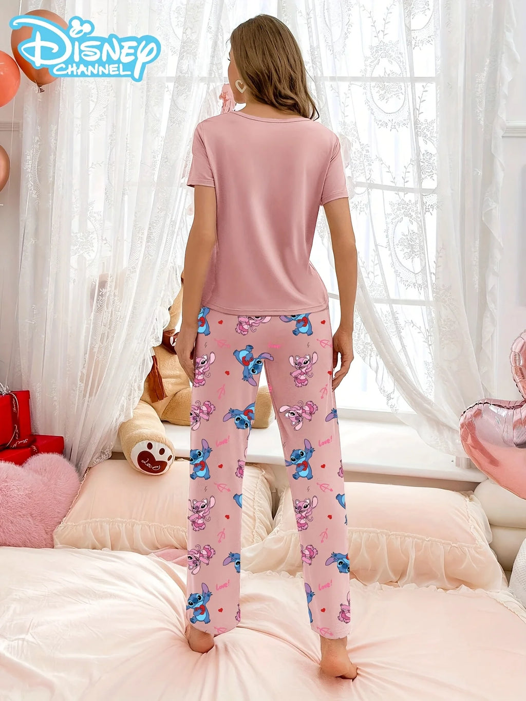 Women's pajama set with cute Disney Stitch prints, short-sleeved top and pants, comfortable for home or outdoor wear