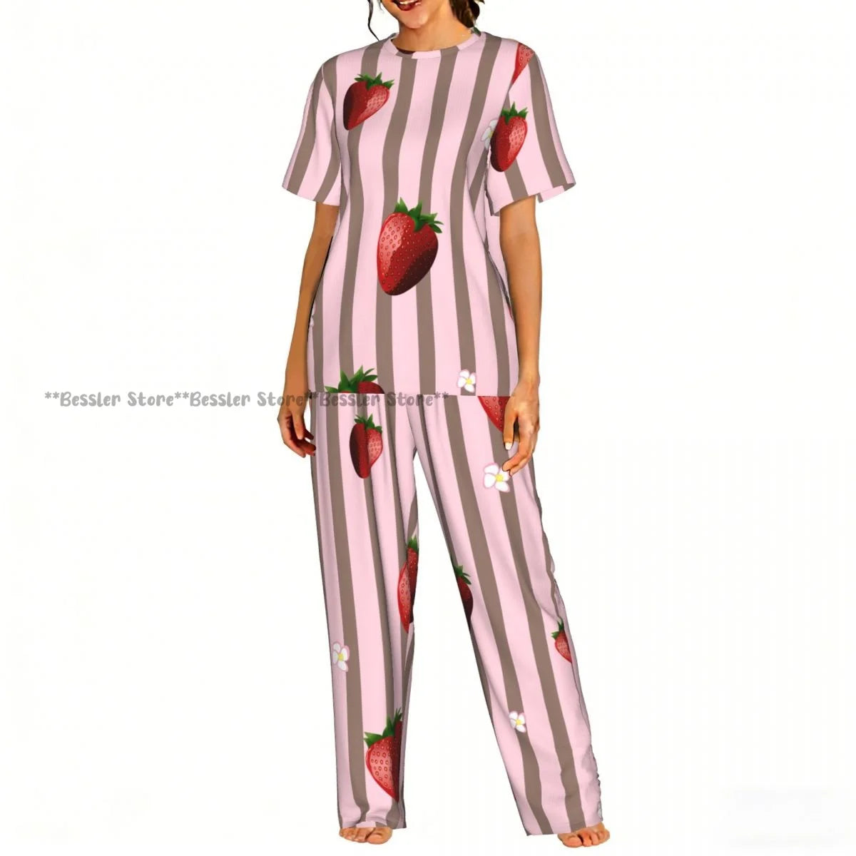 Women's Comfort Pajamas Women's Cute Pink Strawberries Short Sleeve Set Sleepwear