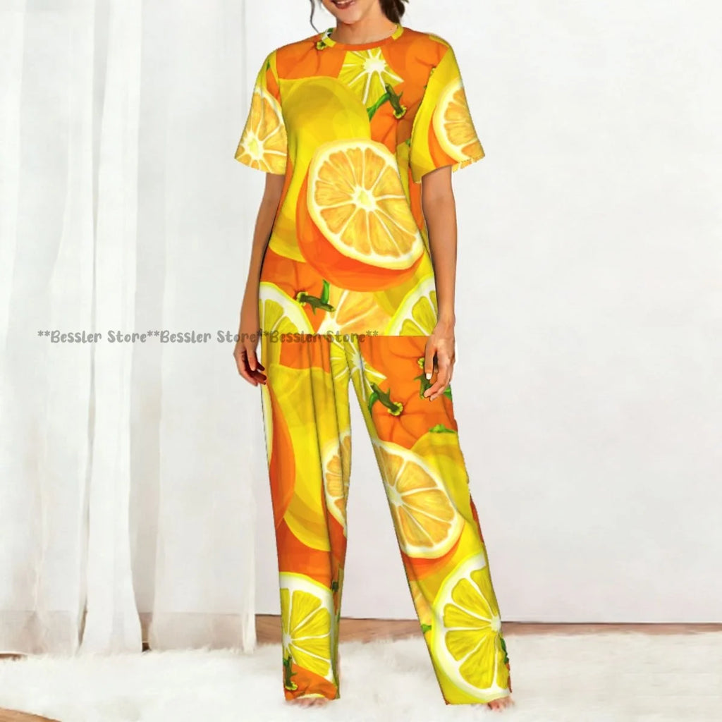 Women's Comfort Pajamas Women's Watercolor Lemons Oranges Short Sleeve Set Sleepwear