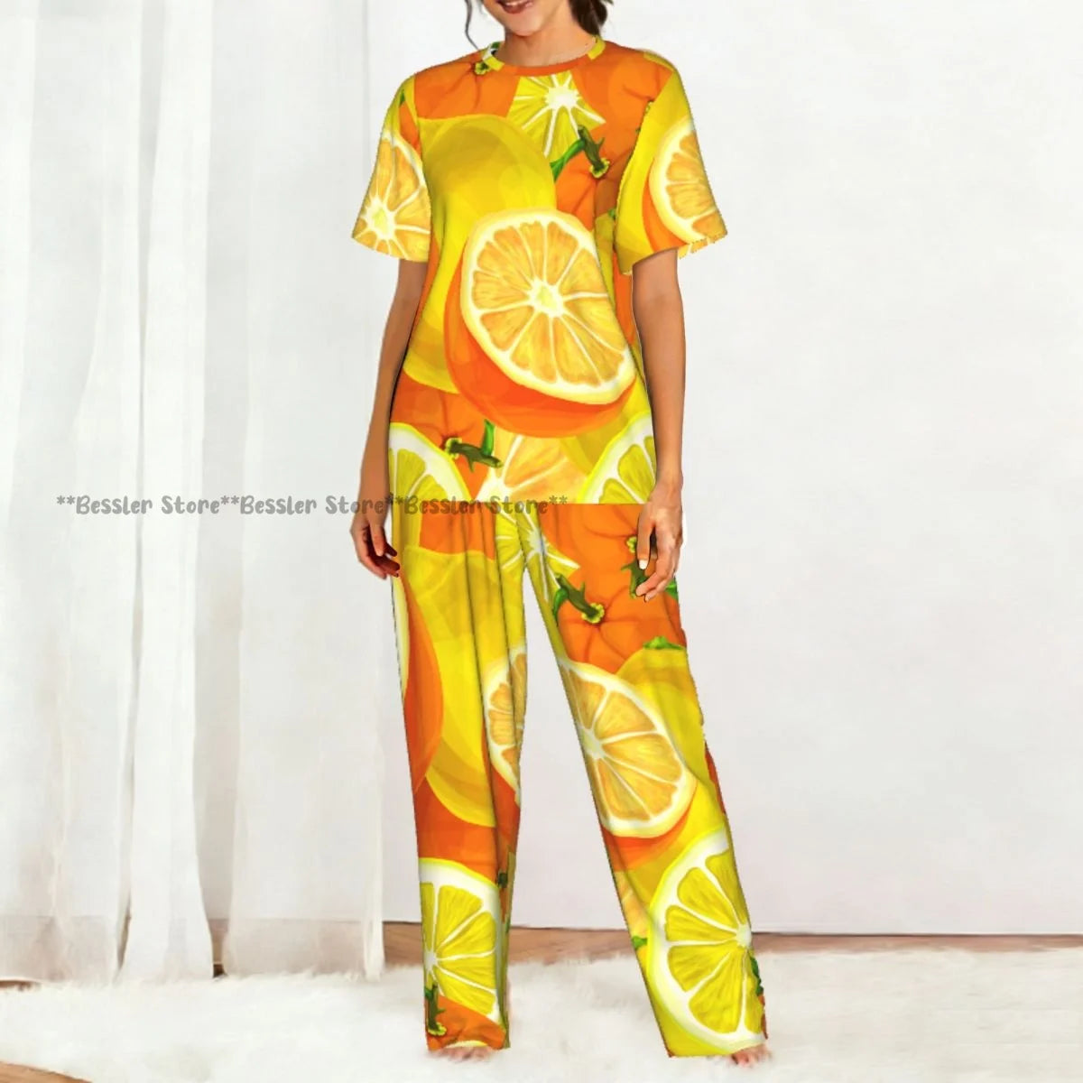 Women's Comfort Pajamas Women's Watercolor Lemons Oranges Short Sleeve Set Sleepwear