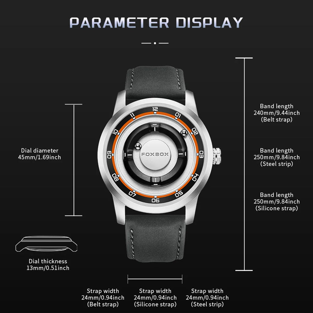 FOXBOX Magnetic Driven Watch Fashion Waterproof Quartz Wristwatch Rolling Steel Ball Pointer Sports Watches Military Clock+Box