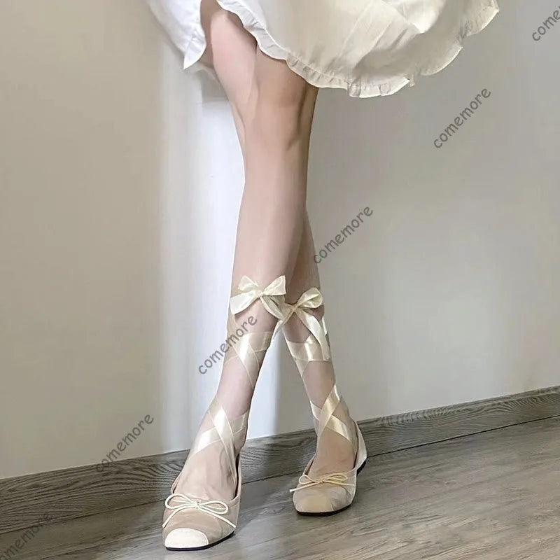 Women's Satin Ribbon Tie Ballet Flats Square Toe Ankle Wrap Lace-Up Shoes Lolita Shoes for Ladies Soft Sole Bow Fashion Footwear