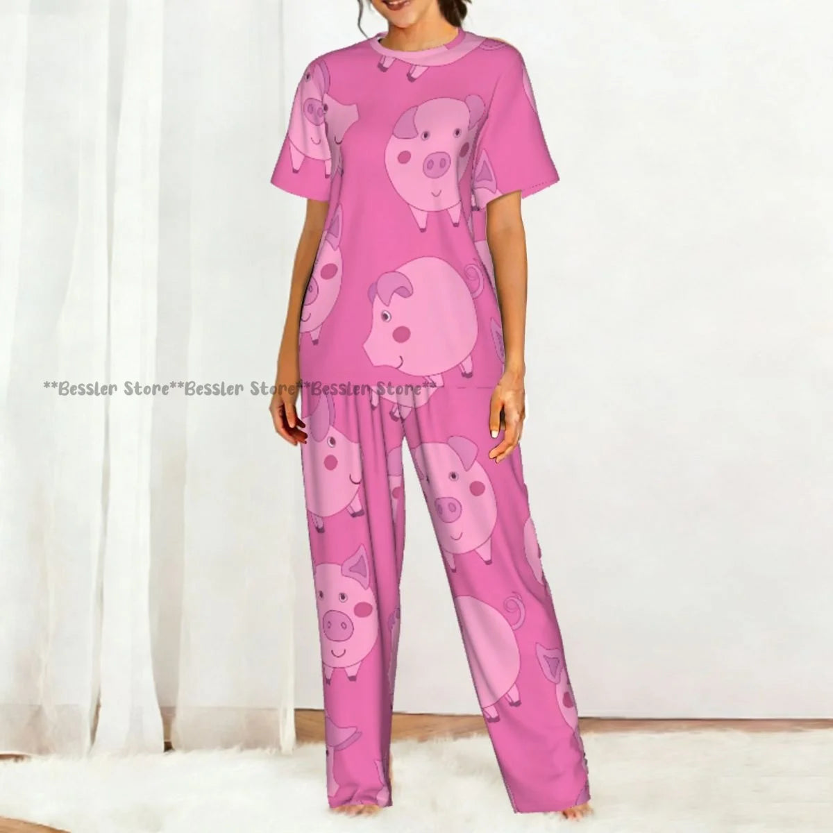 Cute Cartoon Pigs Pajamas Set Short-sleeved Women Home Clothing