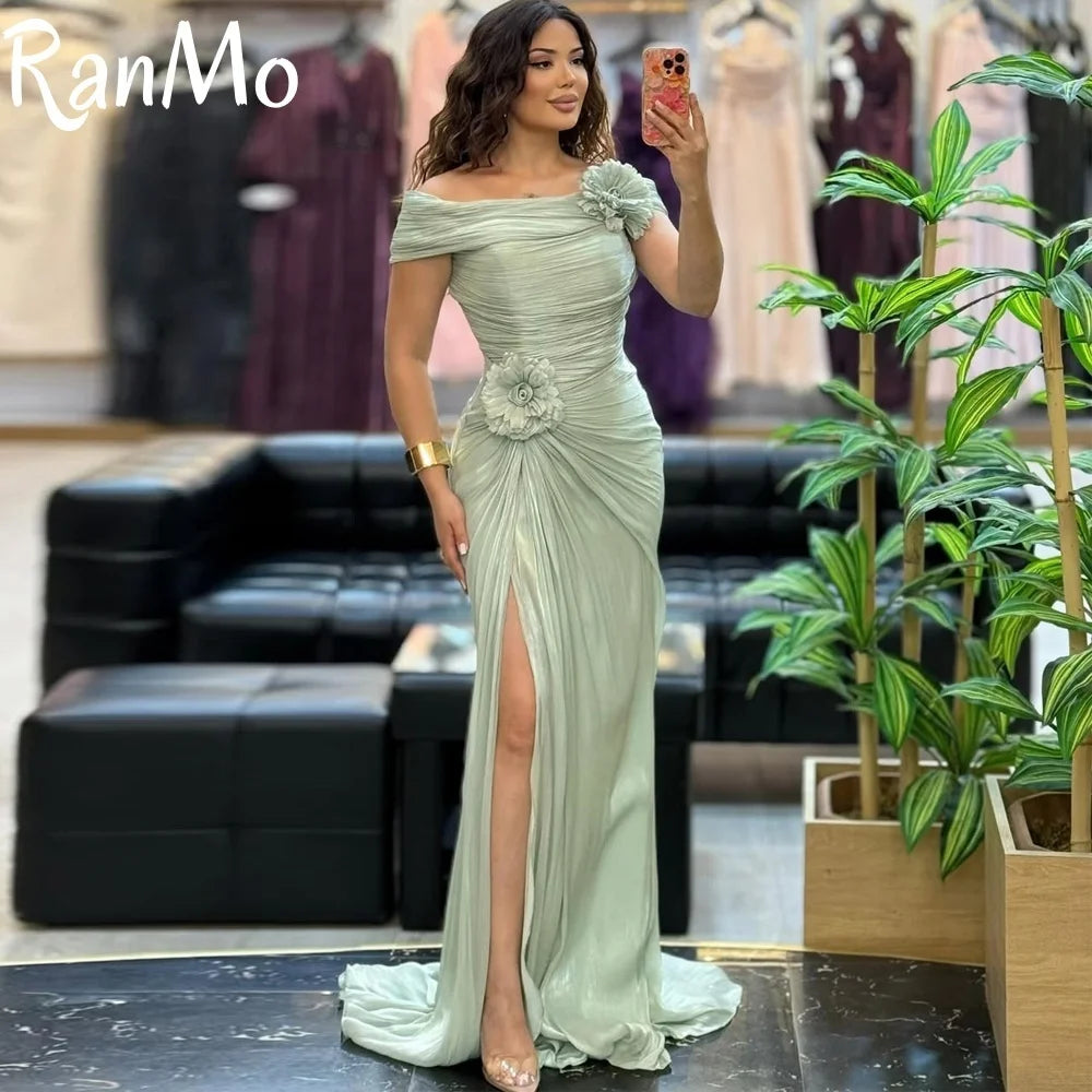 Ranmo 2025 Mermaid Prom Dresses Customized Ruched Sexy High Slit Formal Dress 3D Flower Pleated Evening Dress For Wedding Party