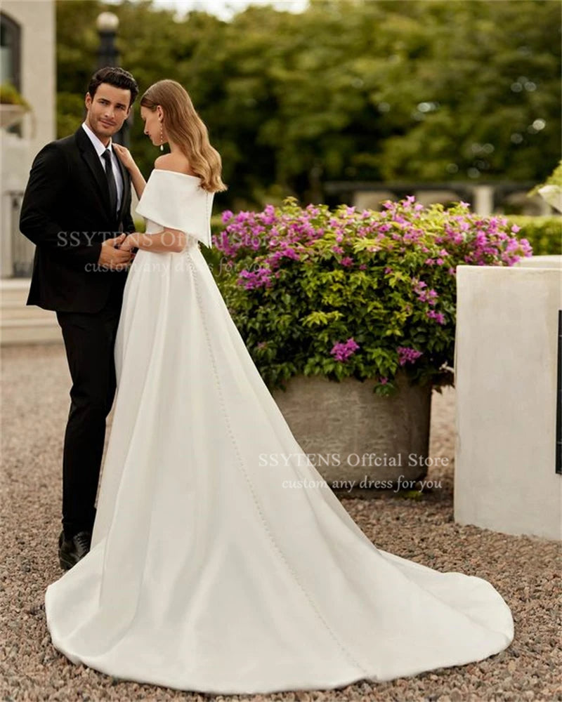 SSYTENS Off Shoulder Long Satin Wedding Dresses Elegant Floor Side Slit A-Line Gown For Bride Customized Boho Vestidos De Novia