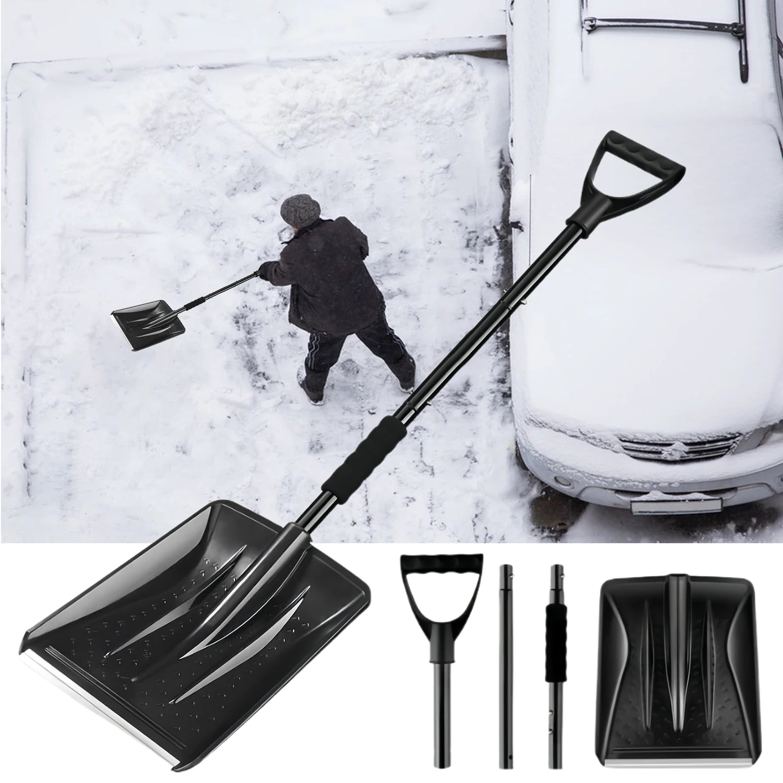 Portable Survival Shovel Large Capacity Telescopic Ice Shovel Detachable Rotating Snow Removal Shovel for Home Garden Camping
