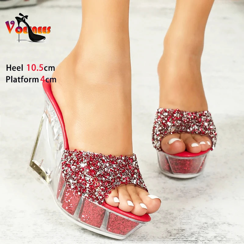 Summer Bling Lady Slippers Luxury Rhinestones Transparent Slides Wedges Heels Sandals Designer Style Shiny Women Platform Shoes