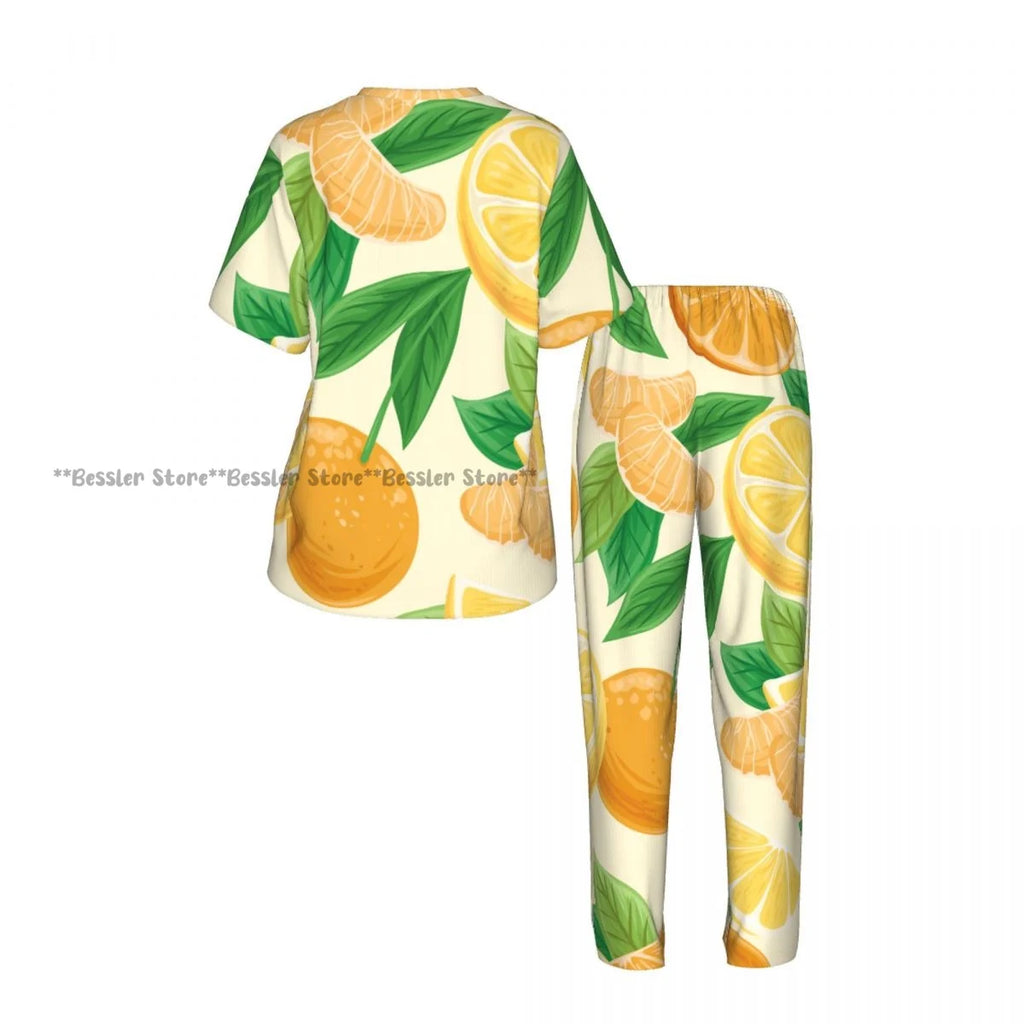 Women's Comfort Pajamas Women's Lemon Leaves Pattern Short Sleeve Set Sleepwear