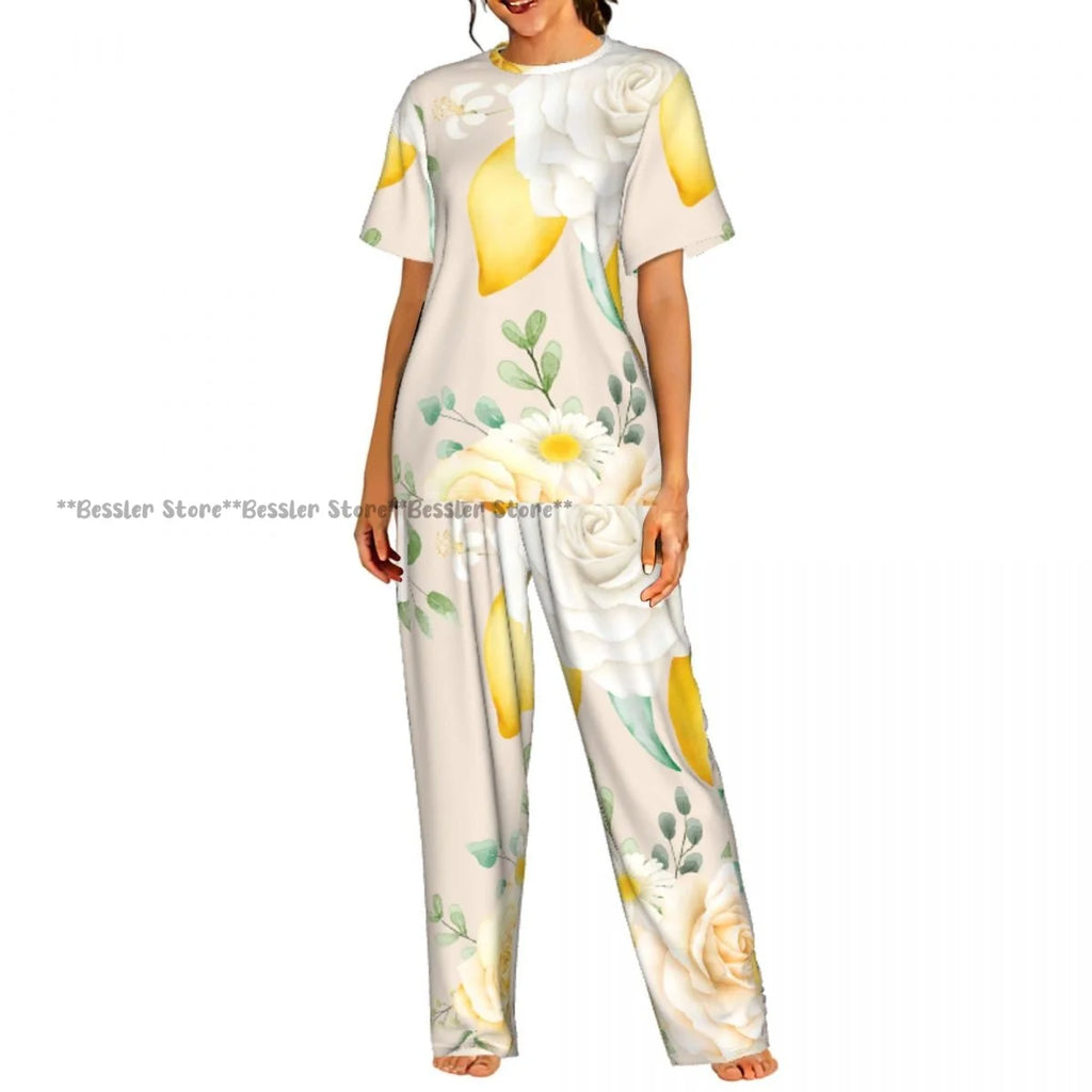 Women's Pajama Set Blue Hydrangeas And Daisies Floral Butterflies Short Sleeve Sleepwear 2 Piece Homewear Loungewear