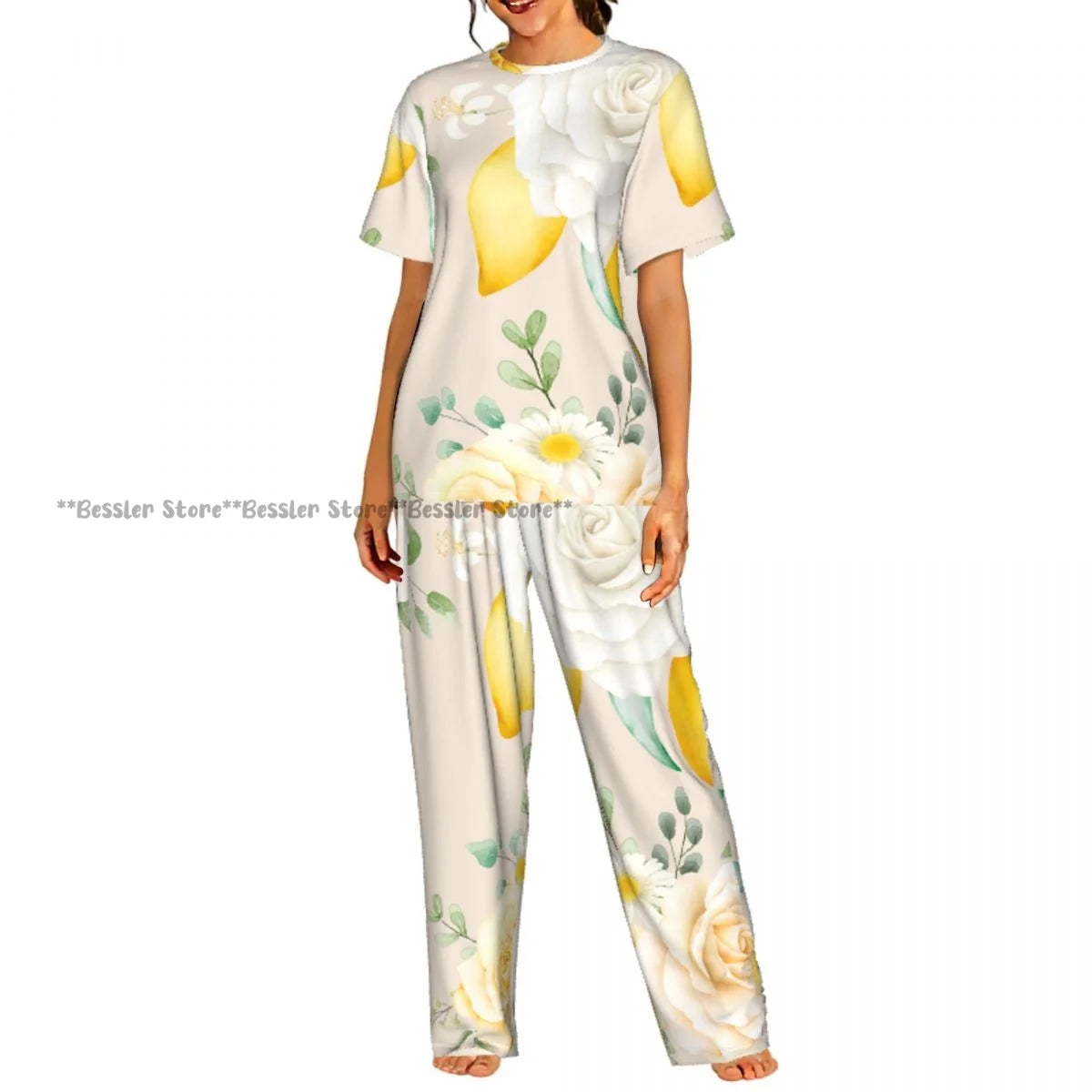 Women's Pajama Set Blue Hydrangeas And Daisies Floral Butterflies Short Sleeve Sleepwear 2 Piece Homewear Loungewear