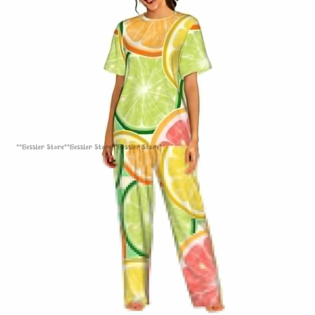 Women's Lemon Citrus Yellow Fruit Leaves short sleeve trousers casual pajamas set