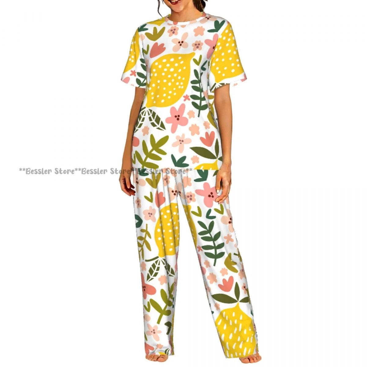 Women's Comfort Pajamas Women's Watercolor Lemons Oranges Short Sleeve Set Sleepwear