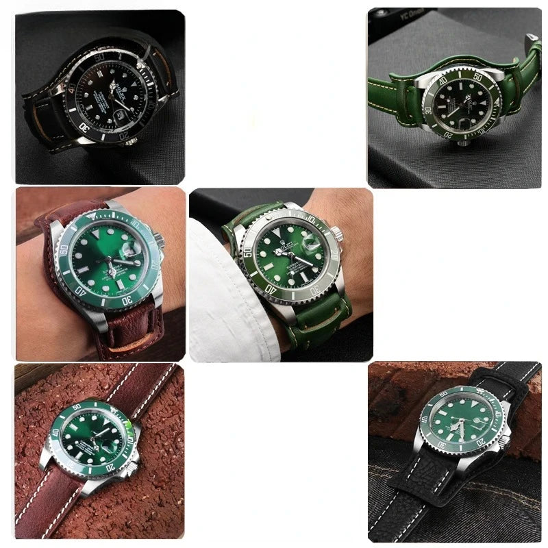 Genuine Leather watch strap for Rolex Green Submariner Omega  timex Vintage plus Tray Men Watch Band 20 22mm