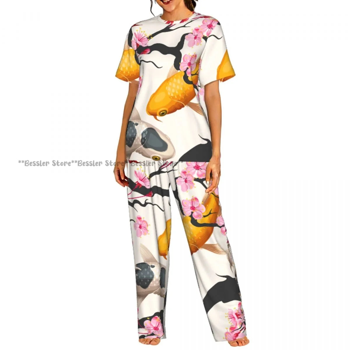 Women's Blossom Cherry Flower Background short sleeve trousers casual pajamas set
