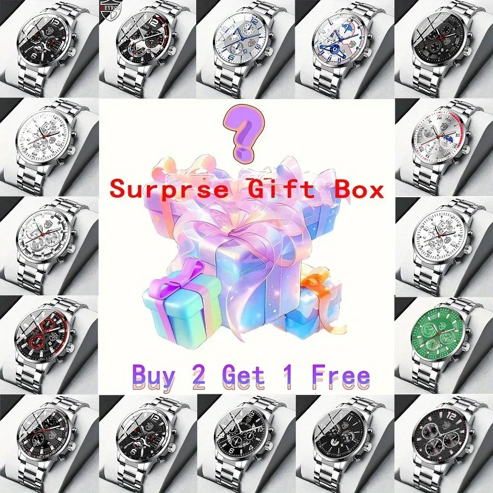 Mystery Box, 3pcs/ Set Date Round Dial Men's Watches Business Quartz Male Wrist Watch Birthday Surprise Gift