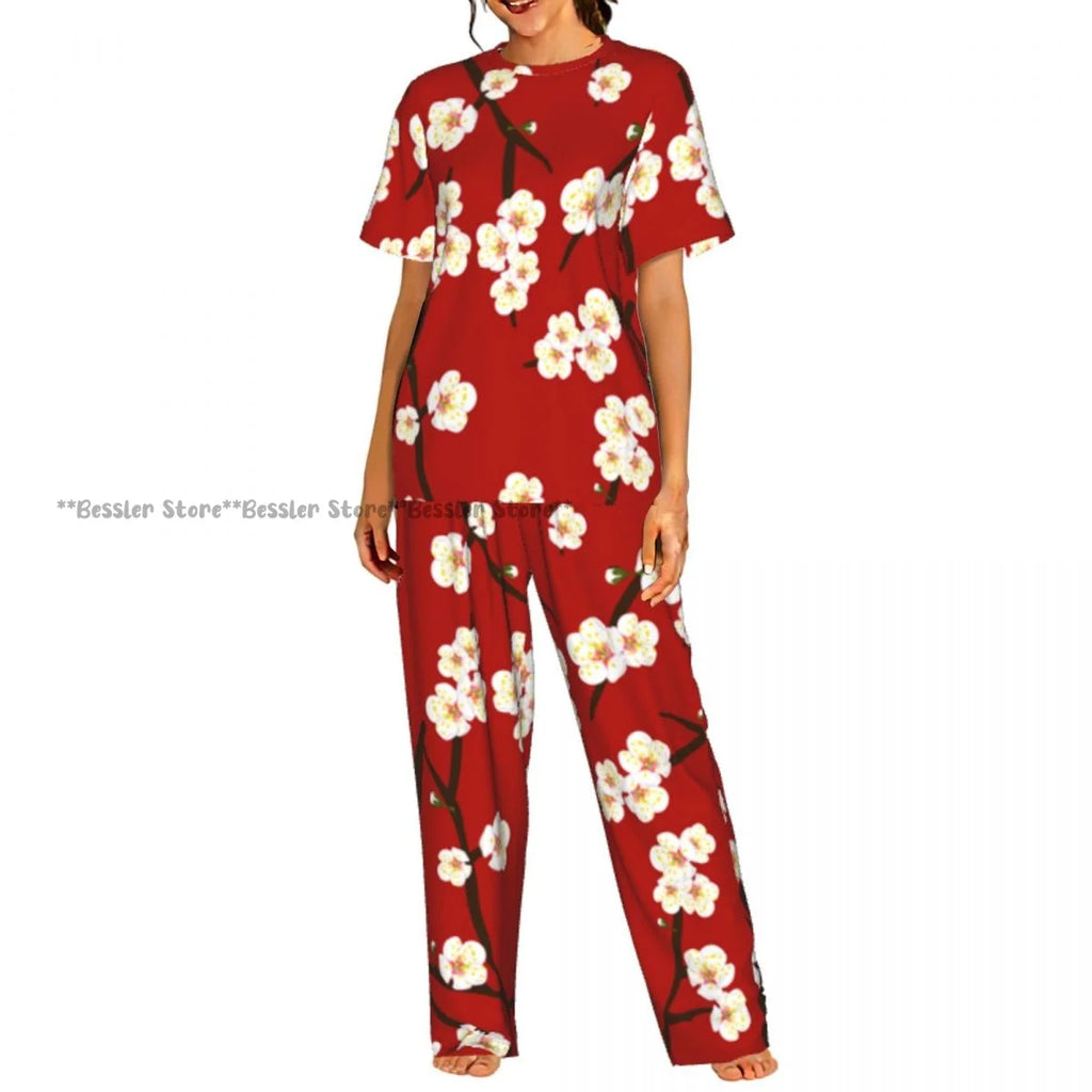 Women's Blossom Cherry Flower Background short sleeve trousers casual pajamas set