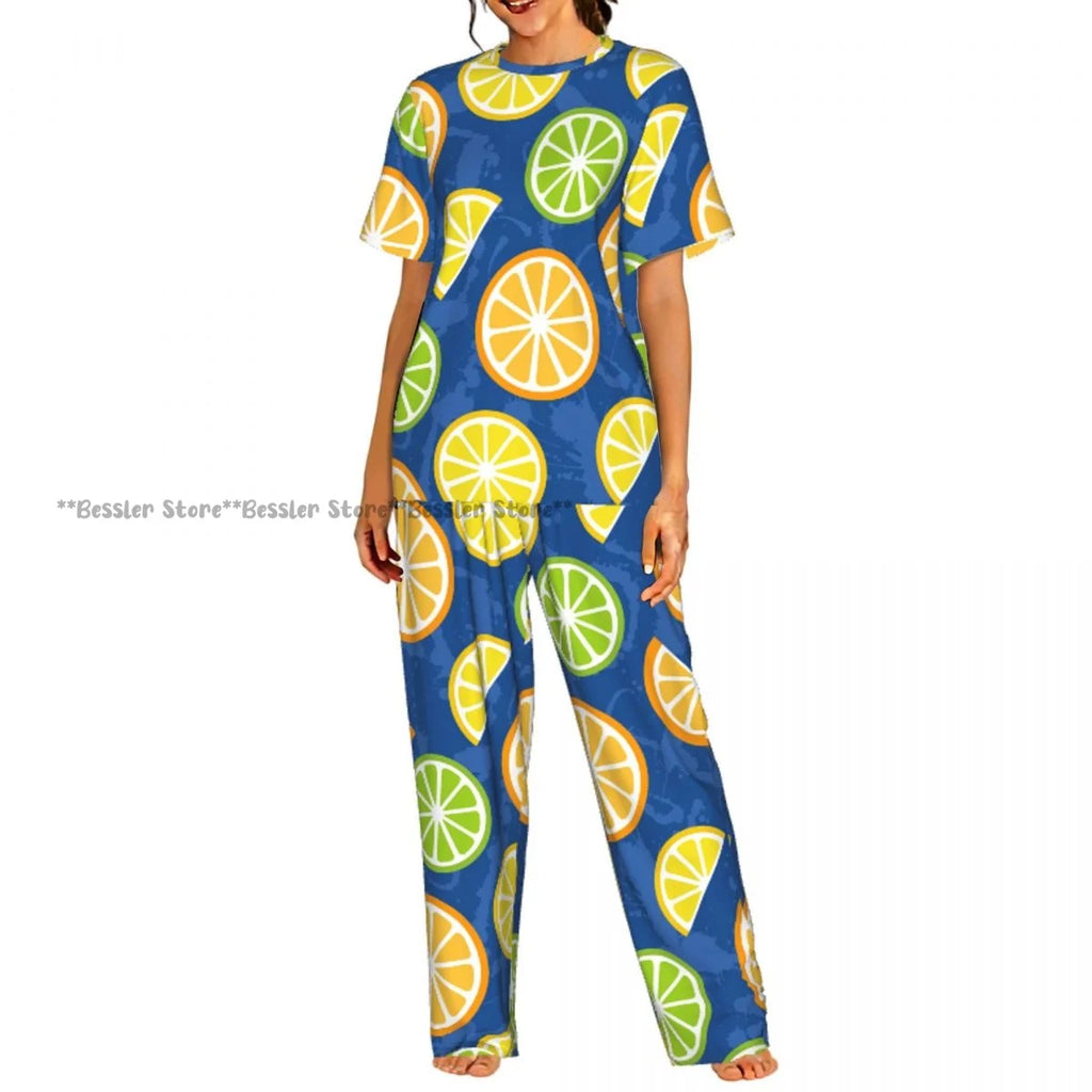 Women's Comfort Pajamas Women's Watercolor Lemons Oranges Short Sleeve Set Sleepwear