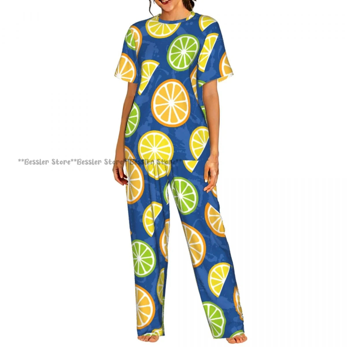Women's Comfort Pajamas Women's Watercolor Lemons Oranges Short Sleeve Set Sleepwear