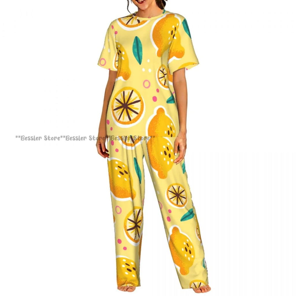 Women's Comfort Pajamas Women's Lemon Leaves Pattern Short Sleeve Set Sleepwear