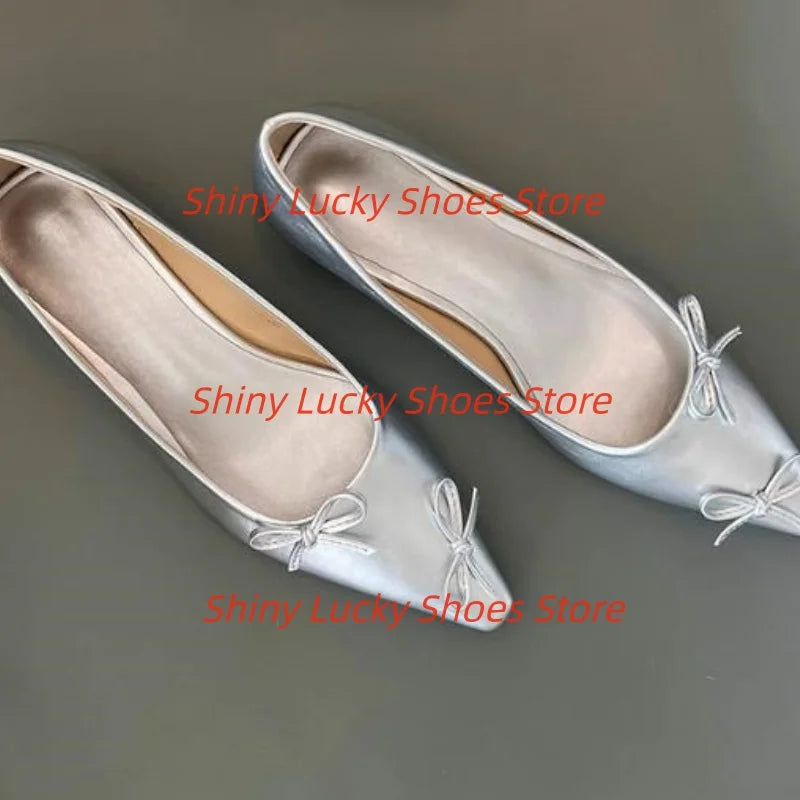 Butterfly-knot Shoes for Womens Pointed Toes Flat Heels Female Ballets Shallow Ladies Sewing Lines Chassure Femme Solid Zapatos