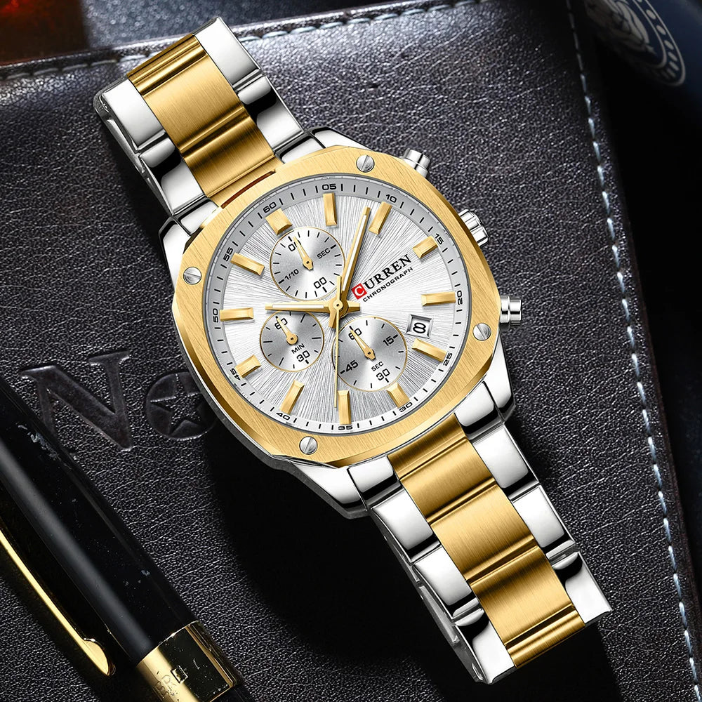 CURREN Modern Men's 42mm Sport Watch - Stainless Steel Band Chronograph & Date,Glow-in-the-Dark Hands, Casual Quartz Wristwatch