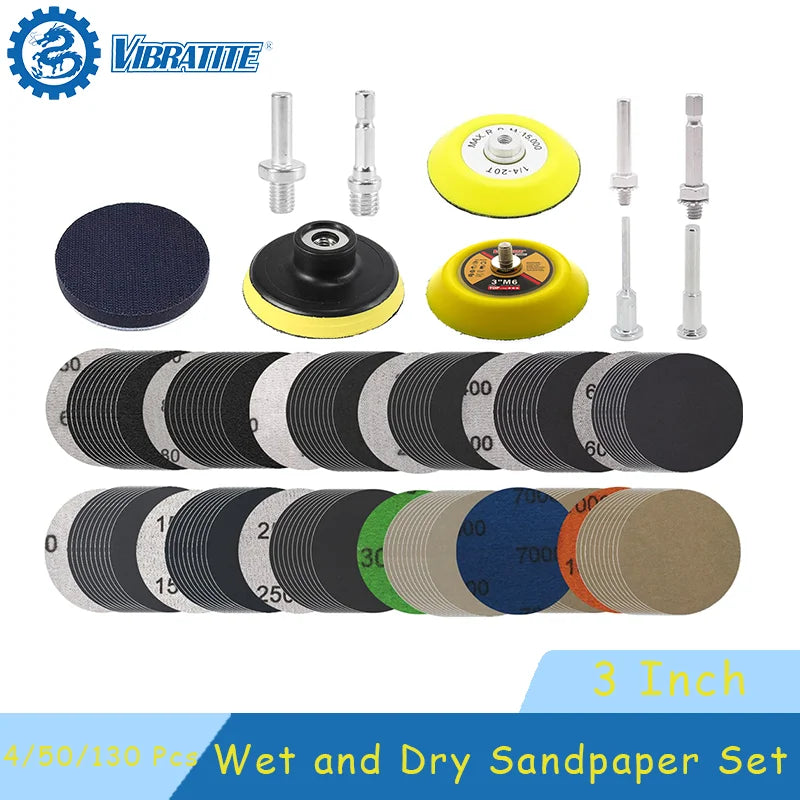 3 Inch Wet and Dry Sanding Paper 75mm Silicon Carbide Sandpaper 4/50/130 Pcs Hook and Loop Sanding Pad for Polishing Car Metal