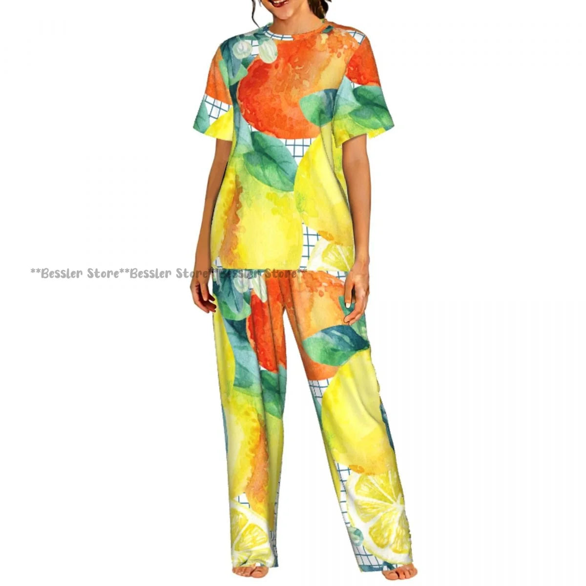 Women's Lemon Citrus Yellow Fruit Leaves short sleeve trousers casual pajamas set
