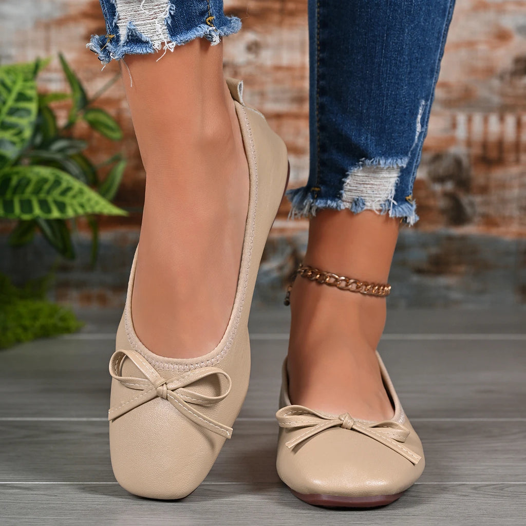 2026 Spring New Bowknot Soft Sole Flats, Small Square Toe Shallow Comfortable Egg Roll Shoes, Versatile Commuter Flat Shoes