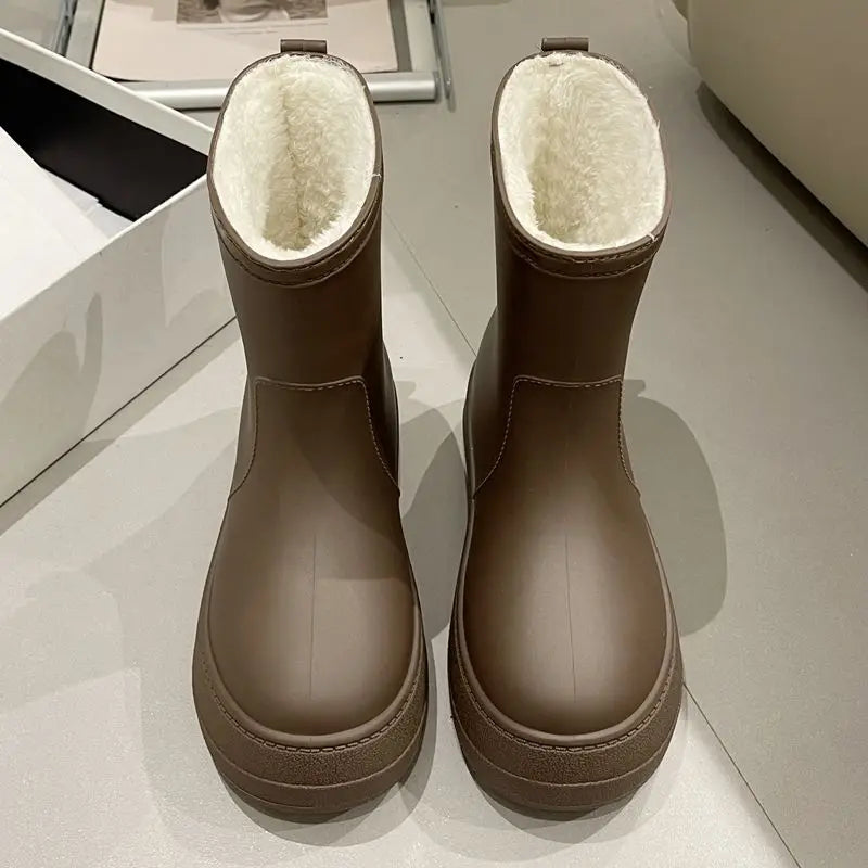 Heated Winter Mid Calf Rain Boots Insulated Cotton Thick Sole Nonslip Waterproof Durable Solid Color Women's Rain Shoes