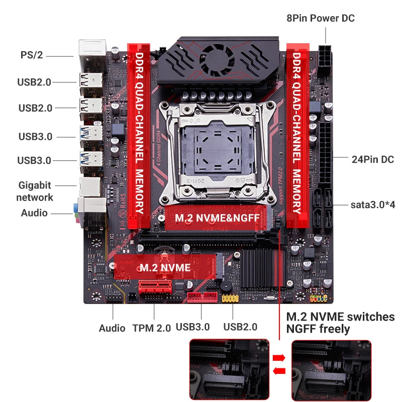 QIYIDA X99 H9S Motherboard Set Kit With LGA2011-3 Xeon E5 2630 V4 CPU DDR4 16GB REG ECC Memory M.2 TPM 2.0 Interface 4 Channels